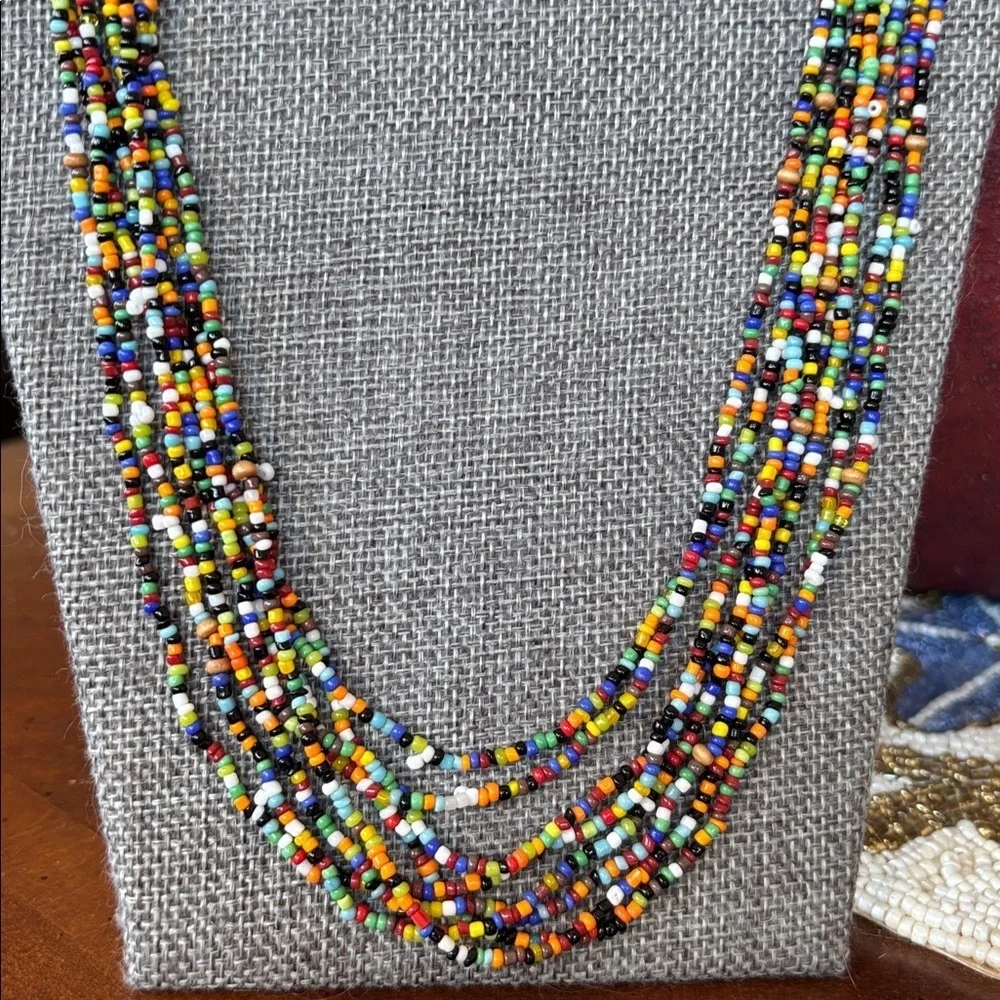 Vintage Seed Beaded Multi-Strand Long Wood Bead Colorful & Teardrop Earrings